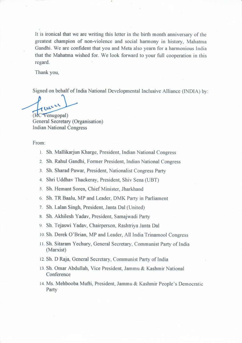 A letter by INDIA parties to @Facebook's Mr. Mark Zuckerberg, highlighting the recent investigations by the <a href="/washingtonpost/">The Washington Post</a>. 

The findings expose the role of Facebook and WhatsApp in aiding the communal hatred campaign of the ruling BJP.