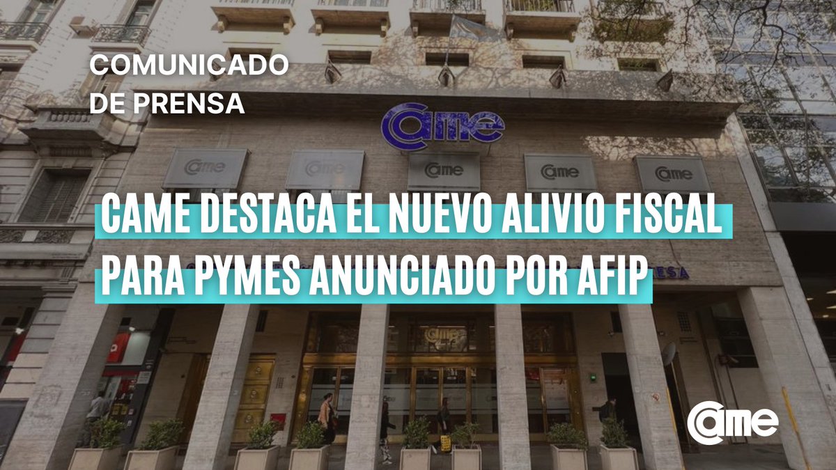 redcame's tweet photo. NUEVO ALIVIO FISCAL PARA PYMES

#CAME destaca el alivio fiscal para las #pymes, anunciado hoy por la @AFIPcomunica sobre modificaciones en la tasa Badlar para #mipymes que hayan adherido al plan de facilidades de pago que la #AFIP otorgó en noviembre de 2021. 

Conocé el detalle acá 🔗 https://t.co/MeJSpkDri5

#aliviofiscal