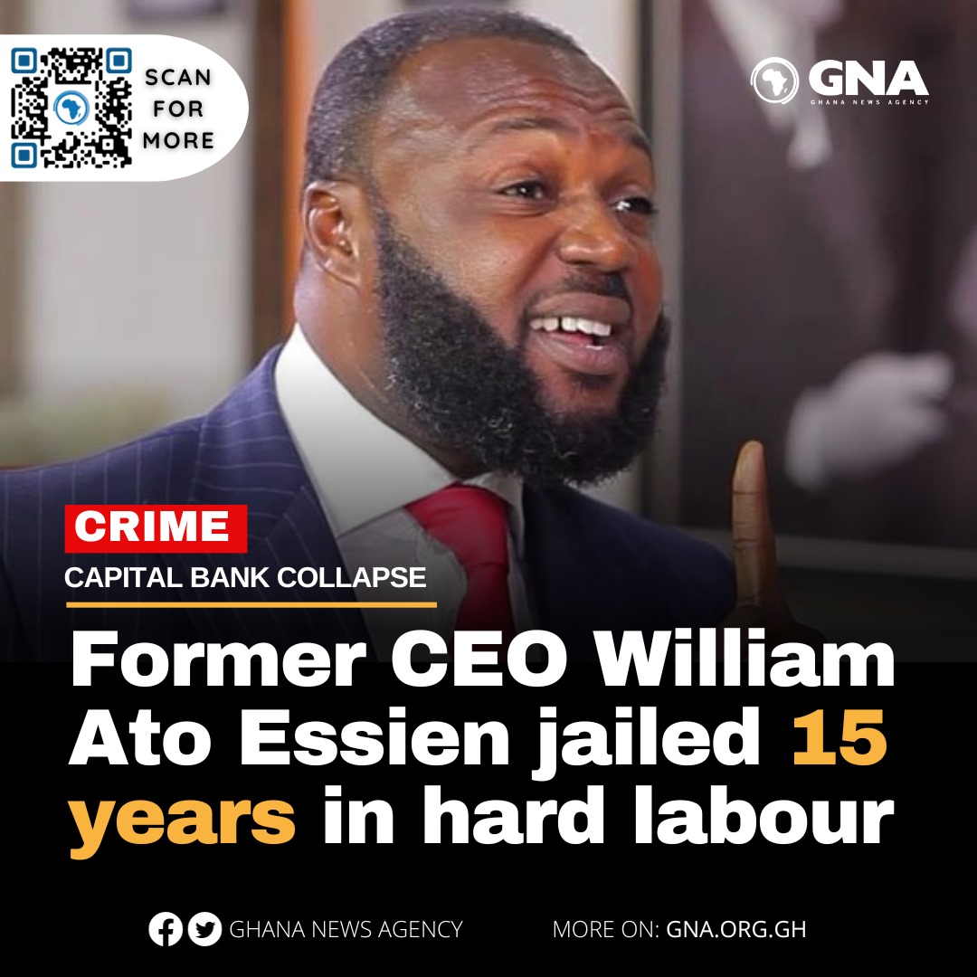 GHANANEWSAGENCY's tweet photo. Capital Bank Collapse: Former CEO William Ato Essien jailed 15 years in hard labour
#GhanaNewsAgency #GNA #CapitalBank #AtoEssien #Ghana
Breaking News | Chief Justice | Martin Kpebu | Augusco | Robbery | Ghana | News https://t.co/8MUUvYOQuo