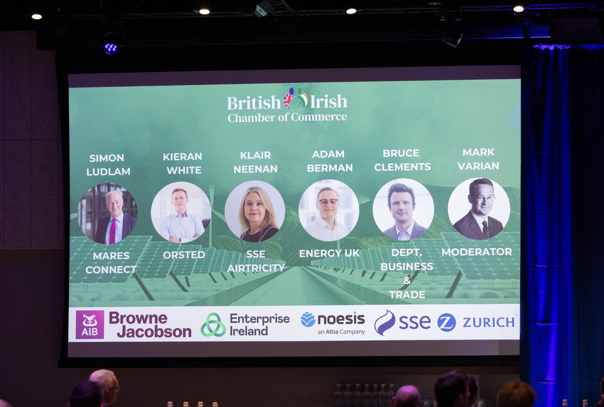 BrIreCham's tweet photo. The Energy &amp; Infrastructure Panel, moderated by Mark Varian featuring, Kieran White, Klair Neenan, Bruce Clements, Simon Ludlam and Adam Berman.

Sponsored by @AIBIreland @brownejacobson @Entirl @Noesis_Portugal @SSE @Zurich_Irl https://t.co/tSjyNsLdeD