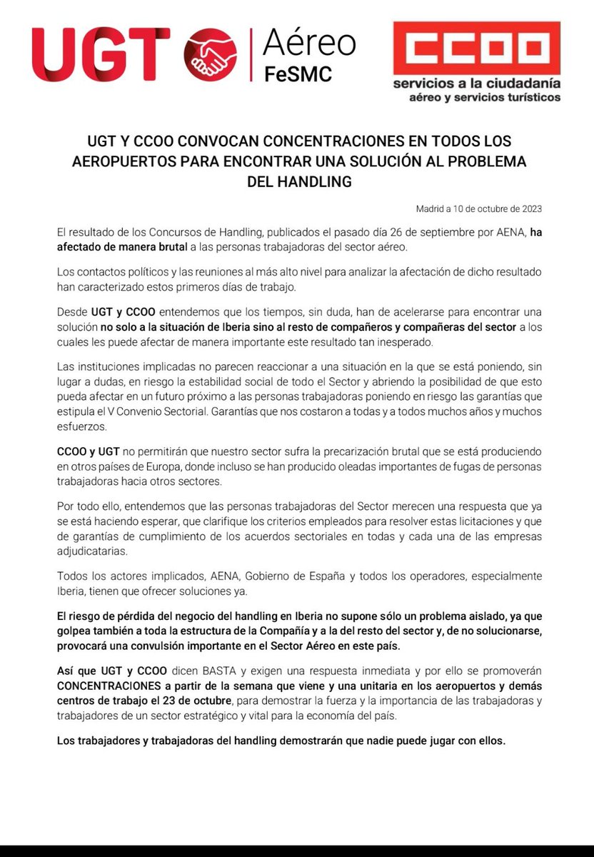 Convocades mobilitzacions per @aereoccoo @FSCdeCCOO @ccoo_fsc_cat i @AereoUGT el 23 Octubre a tota la xarxa aeroports  d'aena @aena @CCOOAenaBcn
 aereo.fsc.ccoo.es/noticia:674876…