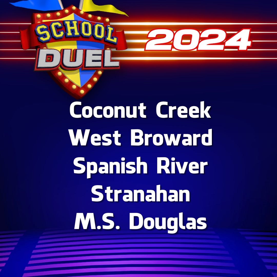 SchoolDuel's tweet photo. Here we go.... In no particular order, here are the next 5 schools of #SchoolDuel 2024!

Congratulations to #CoconutCreekHigh, #WestBrowardHigh, #SpanishRiverHigh, #StranahanHigh &amp; #MSDouglasHigh!

Come back tomorrow to see the next 5 schools! https://t.co/ZNPuRcYlYK