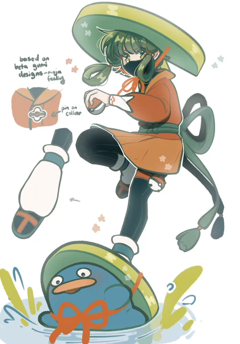 They hide in the water together with their silly lotus pad hats! Based on V2 GUMI's design sketches looking more ninja feeling #GUMI #Pokemon