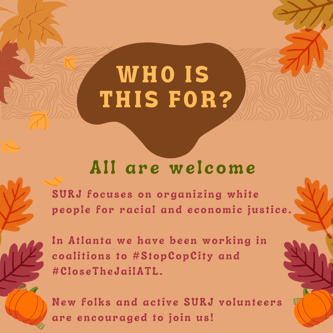 November 6, 2023 SURJ ATL Town Hall Little 5 Points Community Center Doors & Food: 6:30 PM Town Hall: 7:00 PM Free childcare Free Jamaican Food On-Site Parking .5 mi from Inman Park MARTA Show up. Get plugged in.