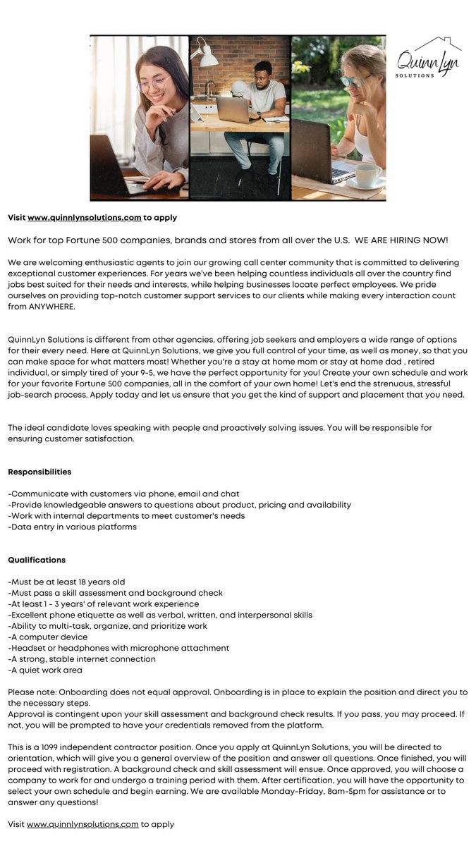 Please share for anyone interested in Remote work from home opportunities. We are hiring Customer Service Agents. Visit quinnlynsolutions.com