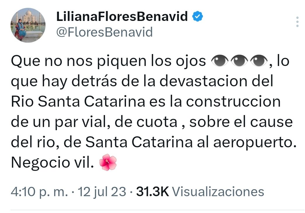 FloresBenavid's tweet photo. El desmonte del Rio Santa Catarina tenia como objetivo un viaducto de cuota en el mismo.

Asi lo advertí el pasado 12 de julio de 2023.

Posteriormente en la audiencia pública del ejecutivo con Un río en el río , 30 julio, Zulema Rincón exhibió una instrucción de la Secretaria de Movilidad para que se realizara un estudio de costo beneficio de un viaducto de cuota en el río Santa Catarina.

El Secretario de movilidad #HernanVillarreal titubeante, al haber sido descubierto "con los dedos en la puerta" dijo que así decia la orden del estudio, pero que en realidad iba a ser por Morones Prieto.

Ahora presenta un proyecto de un viaducto de cuota, de un segundo piso en Morones Prieto, pero habla del talud del Río.

Los ciudadanos ya logramos  que un proyecto para hacer un viaducto EN EL CAUCE del rio Santa Catarina, se  desplace solo "al talud del Río". Y esto nos lo deben de explicar. 

Primero señor Secretario #HernánVillarreal, con todo respeto,transparencia y explicación del proyecto que está hablando y que le presentó solo al periódico @elnorte

En su sitio de Internet explique el proyecto a detalle para que el ciudadano, que quiera, pueda verlo y pregunte lo que desee.

Ya vimos que han dicho muchas mentiras, una de ellas, metiendo miedo con una mega inundación para justificar la depredacion del Río, cuando en realidad se trataba de un viaducto de cuota. 🌳🌺