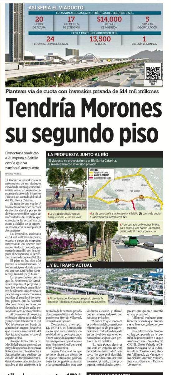 FloresBenavid's tweet photo. El desmonte del Rio Santa Catarina tenia como objetivo un viaducto de cuota en el mismo.

Asi lo advertí el pasado 12 de julio de 2023.

Posteriormente en la audiencia pública del ejecutivo con Un río en el río , 30 julio, Zulema Rincón exhibió una instrucción de la Secretaria de Movilidad para que se realizara un estudio de costo beneficio de un viaducto de cuota en el río Santa Catarina.

El Secretario de movilidad #HernanVillarreal titubeante, al haber sido descubierto "con los dedos en la puerta" dijo que así decia la orden del estudio, pero que en realidad iba a ser por Morones Prieto.

Ahora presenta un proyecto de un viaducto de cuota, de un segundo piso en Morones Prieto, pero habla del talud del Río.

Los ciudadanos ya logramos  que un proyecto para hacer un viaducto EN EL CAUCE del rio Santa Catarina, se  desplace solo "al talud del Río". Y esto nos lo deben de explicar. 

Primero señor Secretario #HernánVillarreal, con todo respeto,transparencia y explicación del proyecto que está hablando y que le presentó solo al periódico @elnorte

En su sitio de Internet explique el proyecto a detalle para que el ciudadano, que quiera, pueda verlo y pregunte lo que desee.

Ya vimos que han dicho muchas mentiras, una de ellas, metiendo miedo con una mega inundación para justificar la depredacion del Río, cuando en realidad se trataba de un viaducto de cuota. 🌳🌺