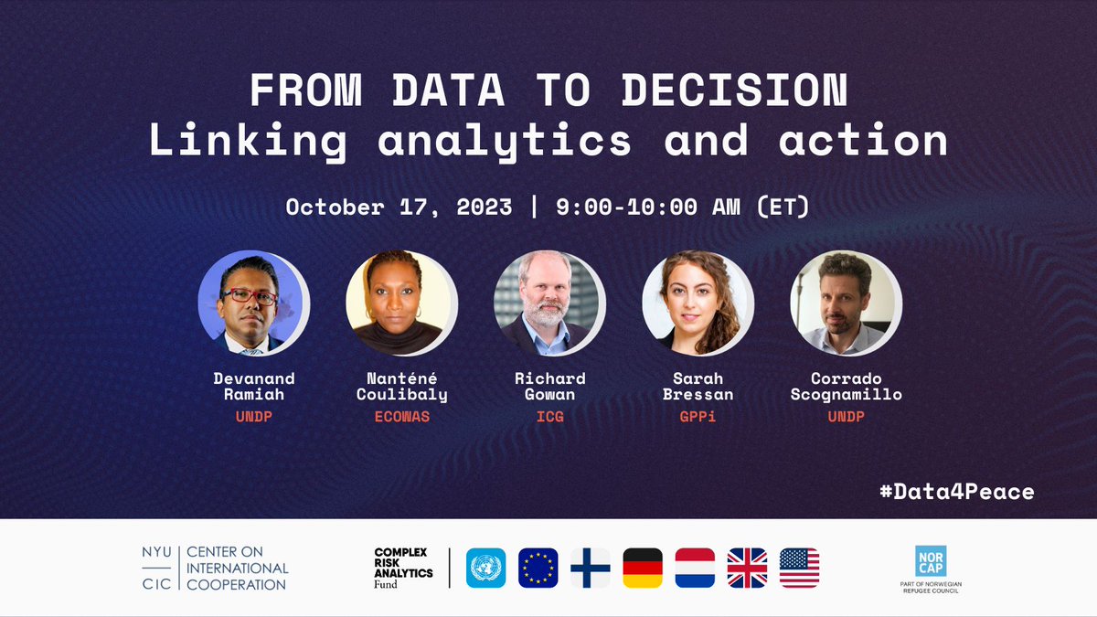 GPPi (@gppi) on Twitter photo How to leverage data to prevent violent conflict?
Join <a href="/bressansar/">Sarah Bressan @bressansar.bsky.social</a> for the 2023 #Data4Peace Conference <a href="/nyuCIC/">NYU Center on International Cooperation (CIC)</a> with <a href="/UNDP/">UN Development</a> <a href="/devramiah/">Devanand Ramiah</a> <a href="/ecowas_cedeao/">Ecowas - Cedeao</a> <a href="/CrisisGroup/">Crisis Group</a> <a href="/RichardGowan1/">Richard Gowan</a> @corrad8 <a href="/CrafdData/">Complex Risk Analytics Fund</a>.
🗓️ Oct 17 at 9AM (ET), 3PM (CEST)
📍 New York & online
➡️cic.nyu.edu/events/data-fo… How to leverage data to prevent violent conflict?
Join <a href="/bressansar/">Sarah Bressan @bressansar.bsky.social</a> for the 2023 #Data4Peace Conference <a href="/nyuCIC/">NYU Center on International Cooperation (CIC)</a> with <a href="/UNDP/">UN Development</a> <a href="/devramiah/">Devanand Ramiah</a> <a href="/ecowas_cedeao/">Ecowas - Cedeao</a> <a href="/CrisisGroup/">Crisis Group</a> <a href="/RichardGowan1/">Richard Gowan</a> @corrad8 <a href="/CrafdData/">Complex Risk Analytics Fund</a>.
🗓️ Oct 17 at 9AM (ET), 3PM (CEST)
📍 New York & online
➡️cic.nyu.edu/events/data-fo…
