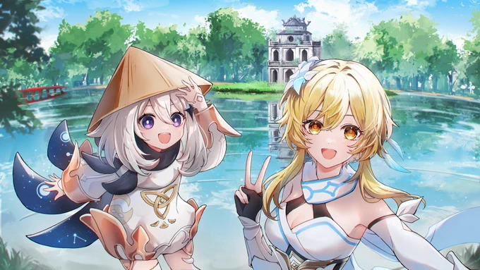 ハノイで暑〜い1日を過ごしたよ〜。パイモンが小さな草帽をかぶって、めちゃくちゃ可愛いじゃない? #GenshinImpact3years #SEAsterHunt #GenshinImpact