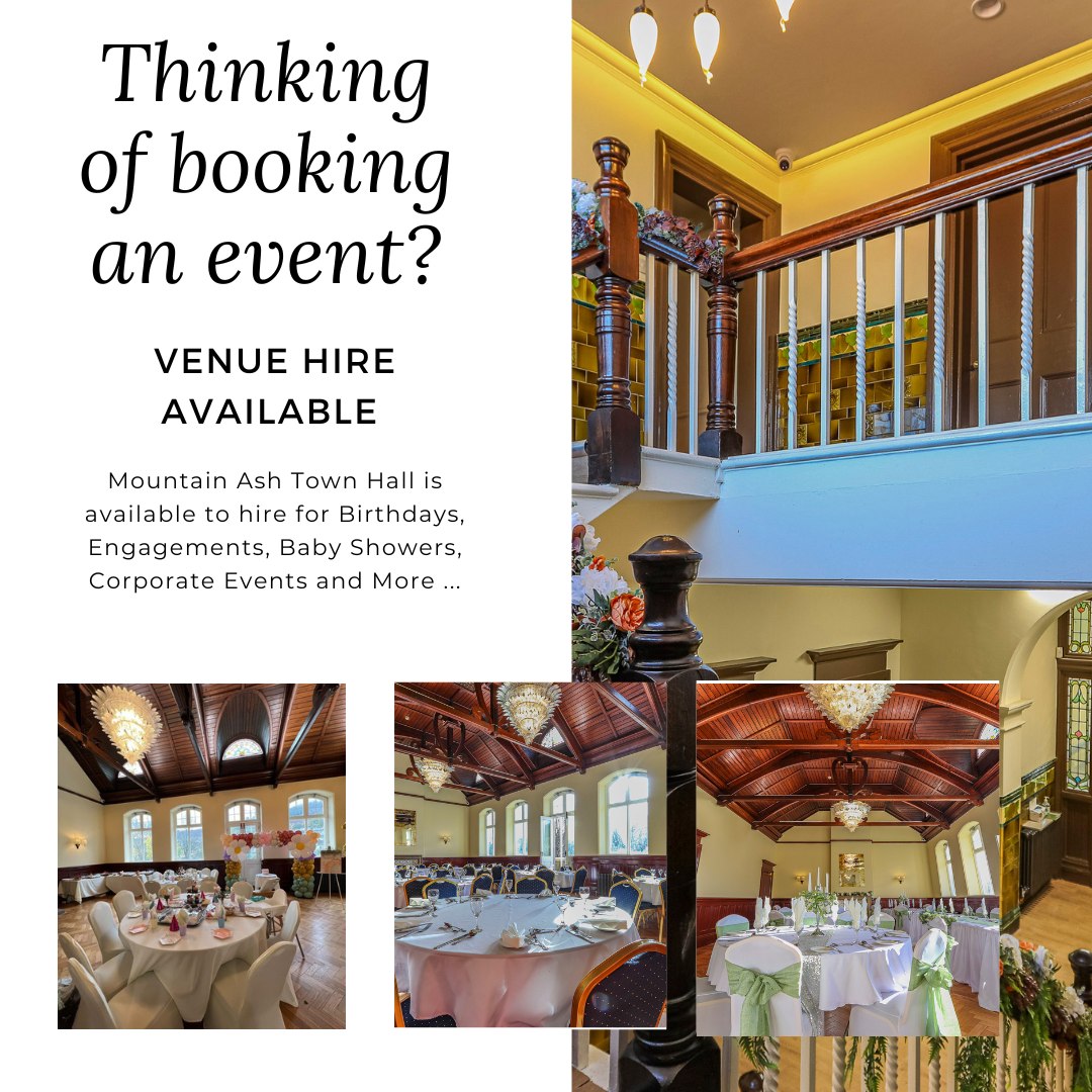 Are you looking for a space to book for an up coming event?
Our Great Hall is a gorgeous location for both larger and smaller events. 
Mountain Ash Town Hall is available to hire for Birthdays, Engagements, Baby Showers, Corporate Events and more ...
Please contact 01443 548248