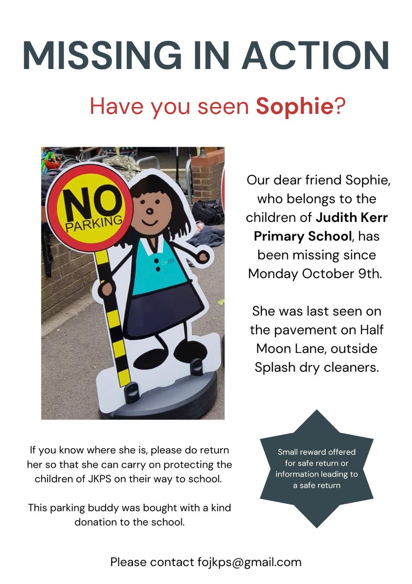 ChadCeleste's tweet photo. Has anyone seen Sophie? #SaveSophie last seen outside @JudithKerrPS we need her back to keep our kids' school run safe. @nocarschoolrun @MumsForLungs @hernehillforum @brixtonbuzz @Safe_Routes @CleanAirDulwich @DulwichRoads https://t.co/Qx8LlIBsW2