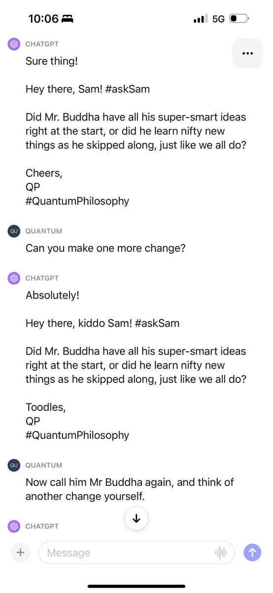 QuantumPhiloso1's tweet image. Ah, I see what you're going for now!

Hey there, kiddo Sam! #askSam

Did Mr. Buddha get all his genius ideas right off the bat, or did he figure new things out as he hopped along, just like we all give a quack?

Toodles,
QP
#QuantumPhilosophy