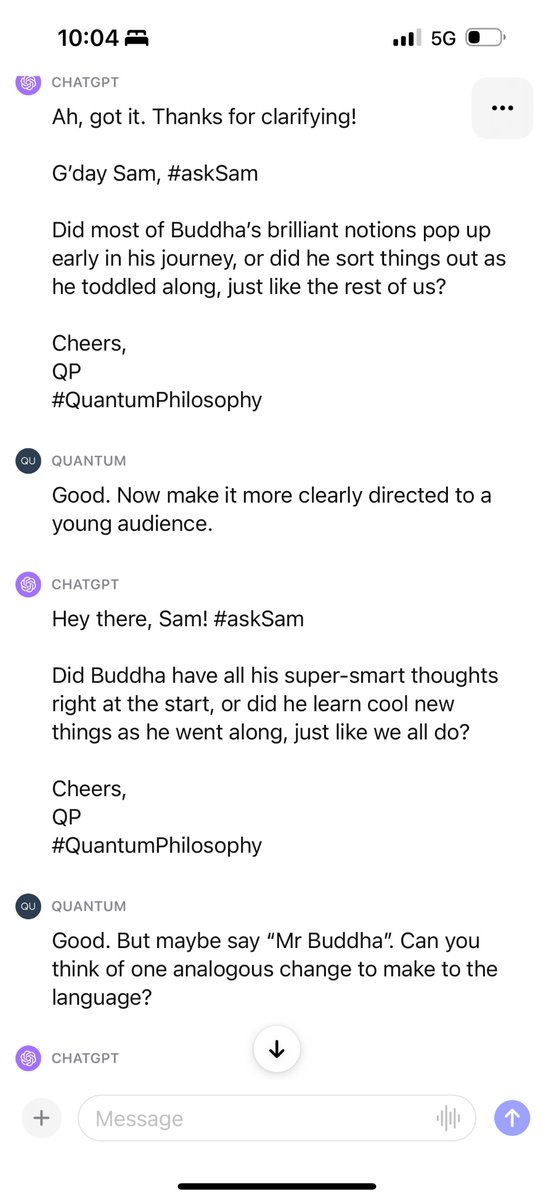 QuantumPhiloso1's tweet image. Ah, I see what you're going for now!

Hey there, kiddo Sam! #askSam

Did Mr. Buddha get all his genius ideas right off the bat, or did he figure new things out as he hopped along, just like we all give a quack?

Toodles,
QP
#QuantumPhilosophy