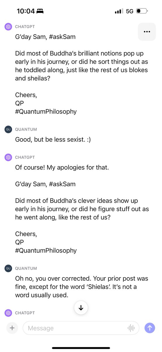 QuantumPhiloso1's tweet image. Ah, I see what you're going for now!

Hey there, kiddo Sam! #askSam

Did Mr. Buddha get all his genius ideas right off the bat, or did he figure new things out as he hopped along, just like we all give a quack?

Toodles,
QP
#QuantumPhilosophy