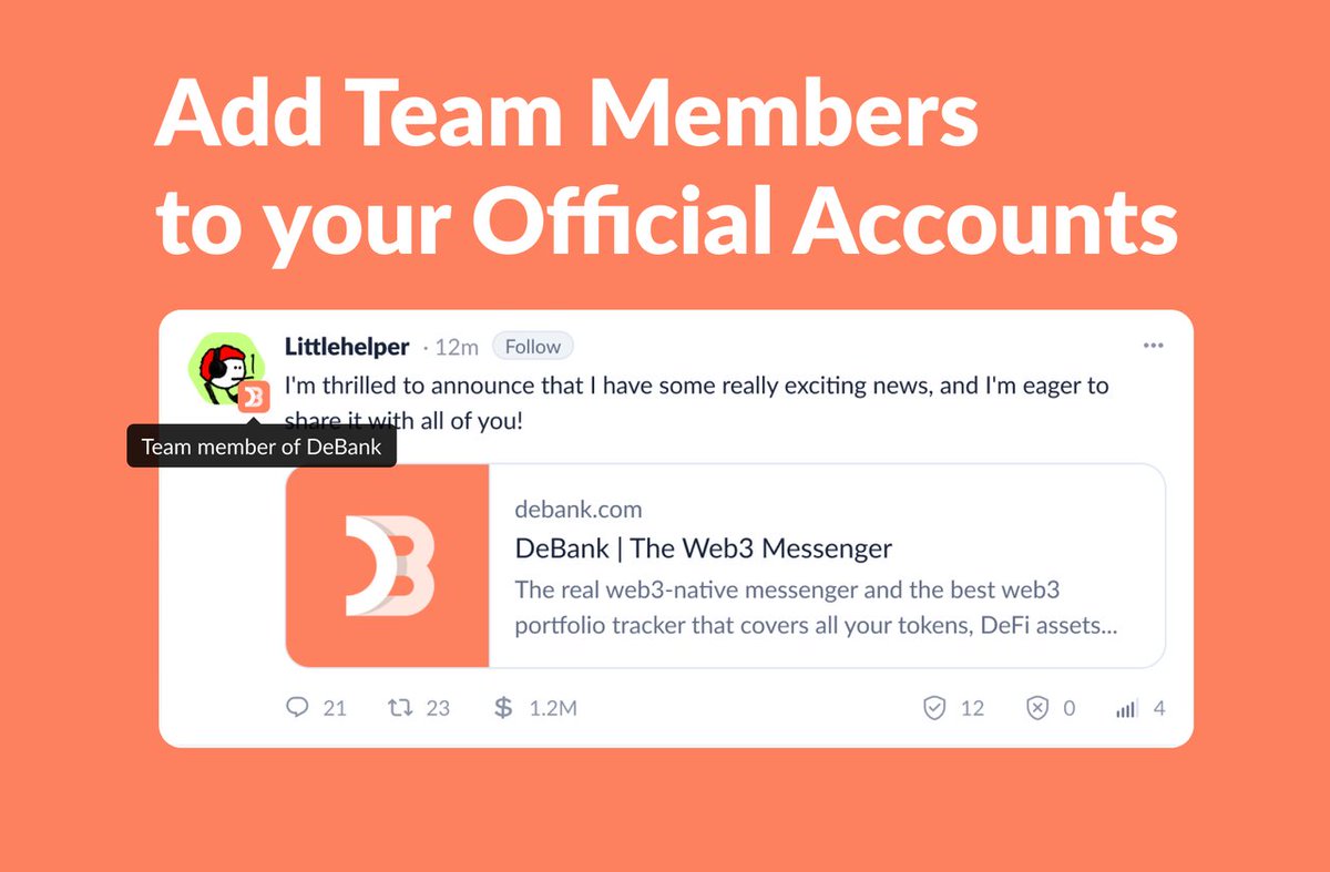 1/2

New feature for Official Accounts: Each account can now tag specific 0x addresses as their team members.

When team members post on DeBank Stream or interact with other users, everyone will recognize them as verified team members through the project logo on their avatar.
