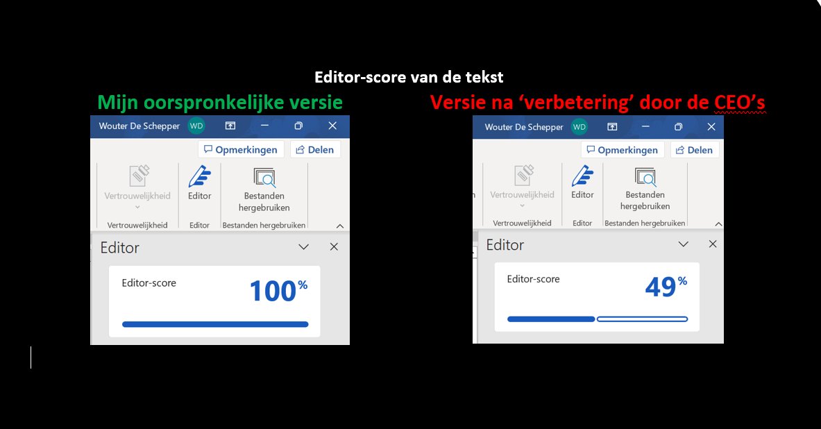 Wouter De Schepper (@wdeschepper) on Twitter photo Vandaag is #PlainLanguageDay.
Wat doet gewone taal met je tekst?
- leesbaarheid ↗
- conversie↗
Dus iedereen past dat toe? NOT.
Ik schreef in april een persbericht met een 100%-editor-score in Word. Een groep CEO's moest dit goedkeuren. De 'verbeterde' #copy haalde nog... 49%. Vandaag is #PlainLanguageDay.
Wat doet gewone taal met je tekst?
- leesbaarheid ↗
- conversie↗
Dus iedereen past dat toe? NOT.
Ik schreef in april een persbericht met een 100%-editor-score in Word. Een groep CEO's moest dit goedkeuren. De 'verbeterde' #copy haalde nog... 49%.