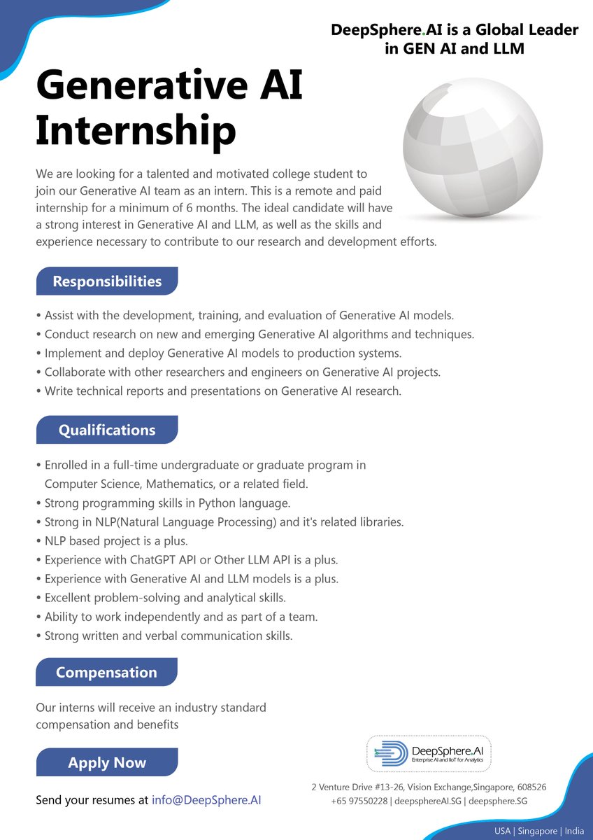 DeepsphereAI's tweet photo. We are Hiring for Internship!

You can apply for this internship by clicking on this link,
https://t.co/hh2HVnQrcn https://t.co/O4IzIHucL1