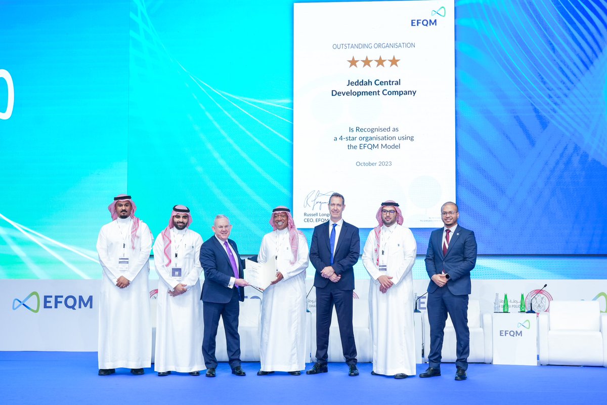 Jeddah Central Development Company #JCDC achieves global recognition as an organizational excellence, receiving 4 Stars from the European Foundation for Quality Management during the second edition of the #EFQM Middle East Summit in Abu Dhabi, on 11-12 October 2023. 
<a href="/EFQM/">EFQM</a>