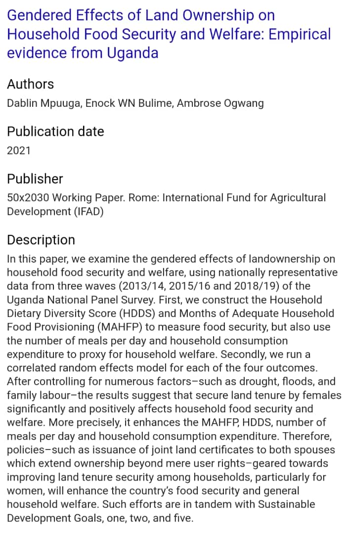 ambrose_og's tweet photo. Female land ownership improves household food security and welfare. https://t.co/wVV66ugfkN