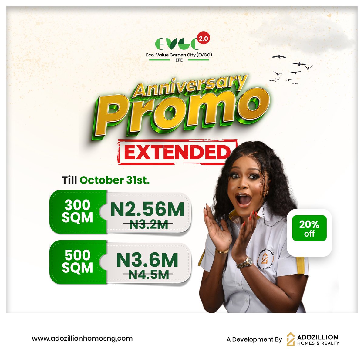 adozillionhomes's tweet photo. Still in the anniversary mood, we are extending our promo price on EVGC 2.0 till the 31st of October, 2023.
Grab this opportunity now to become a Landowner.
#Adozillionhomes #Evgc2.0 #Adeboye #Hildabaci #Egbeda #Mayorkun #PortHarcourt #Bokoharam #Neymar #Bigfoot #Isreal https://t.co/Gtaa0ItdSB