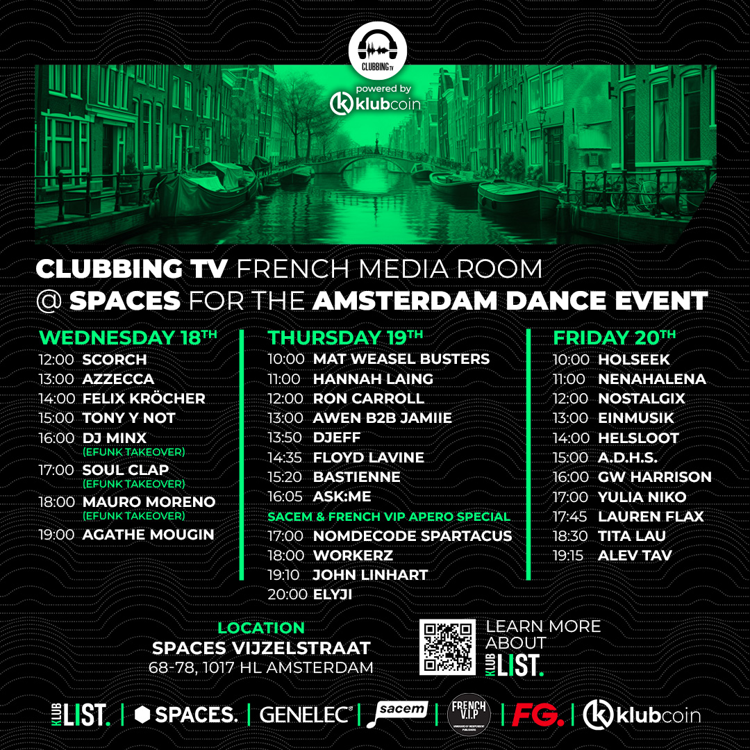 ClubbingTV's tweet photo. 📺 Super happy to unveil the list of the talented artists that will take over Clubbing TV for three days at the Amsterdam Dance Event at Spaces ! Dj sets, live, interviews from a crazyyyy rooftop.

🎧Mauro Moreno
🎧Lauren Flax 
🎧NenaHalena 
🎧Holseek  
🎧Scorch 
🎧John Linhart 
🎧Helsloot 
🎧A.D.H.S. 
🎧Alev Tav 
🎧ASK:ME 
🎧Mat Weasel Busters 
🎧French VIP 
🎧Sacem 
🎧Azzecca 
🎧Felix Kröcher 
🎧Tony y Not  
🎧Dj Minx 
🎧Soul Clap 
🎧Agathe Mougin 
🎧Hannah Laing 
🎧Ron Carroll 
🎧AWEN B2B Jamiie 
🎧Djeff 
🎧Floyd Lavine 
🎧Bastienne 
🎧NOMDECODE Spartacus 
🎧Workerz 
🎧Elyji 
🎧Nostalgix 
🎧EINMUSIK 
🎧GW Harrison 
🎧Yulia Niko 
🎧Tita Lau