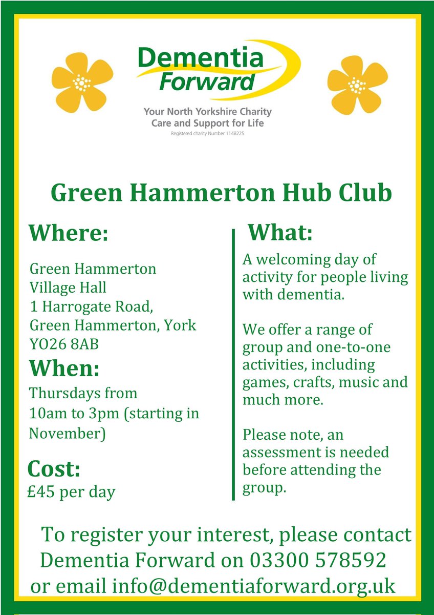 Thanks to the ongoing support of @PM24NorthYorks we are now able to open our 9th Hub Club day service. The Green Hammerton Hub Club will open in November. A full day of activity and support. #York #dementiaservices