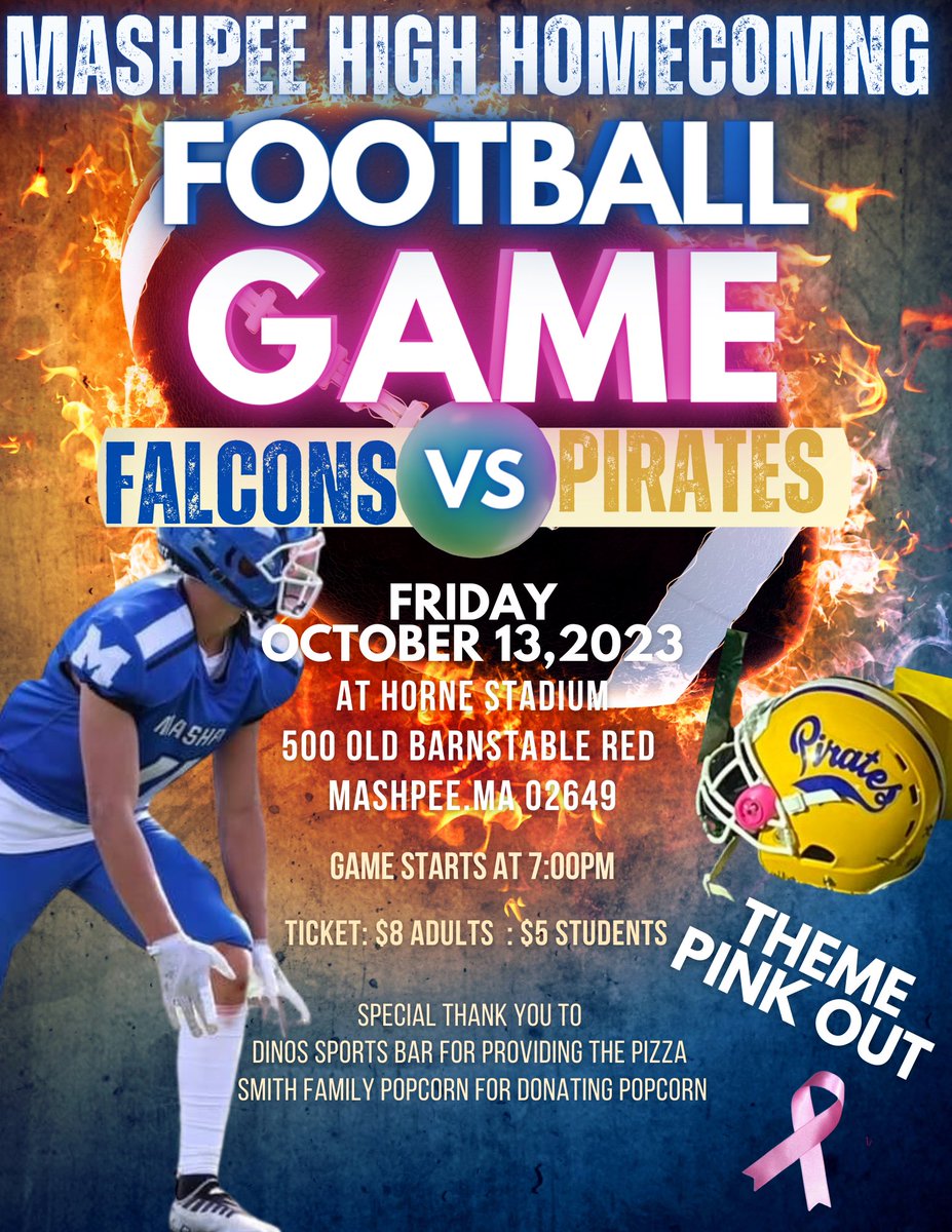 Friday is Mashpee’s homecoming 🏈game vs Hull. 7pm. Fuller house will be open with snacks, popcorn🍿, 🍕, and hot chocolate☕. Be sure to stop by and grab a snack!
 Don't forget to wear your pink! #dinosportsbar #SmithFamilyPopcorn
@MashpeeAthletic 
@mashpeefootball