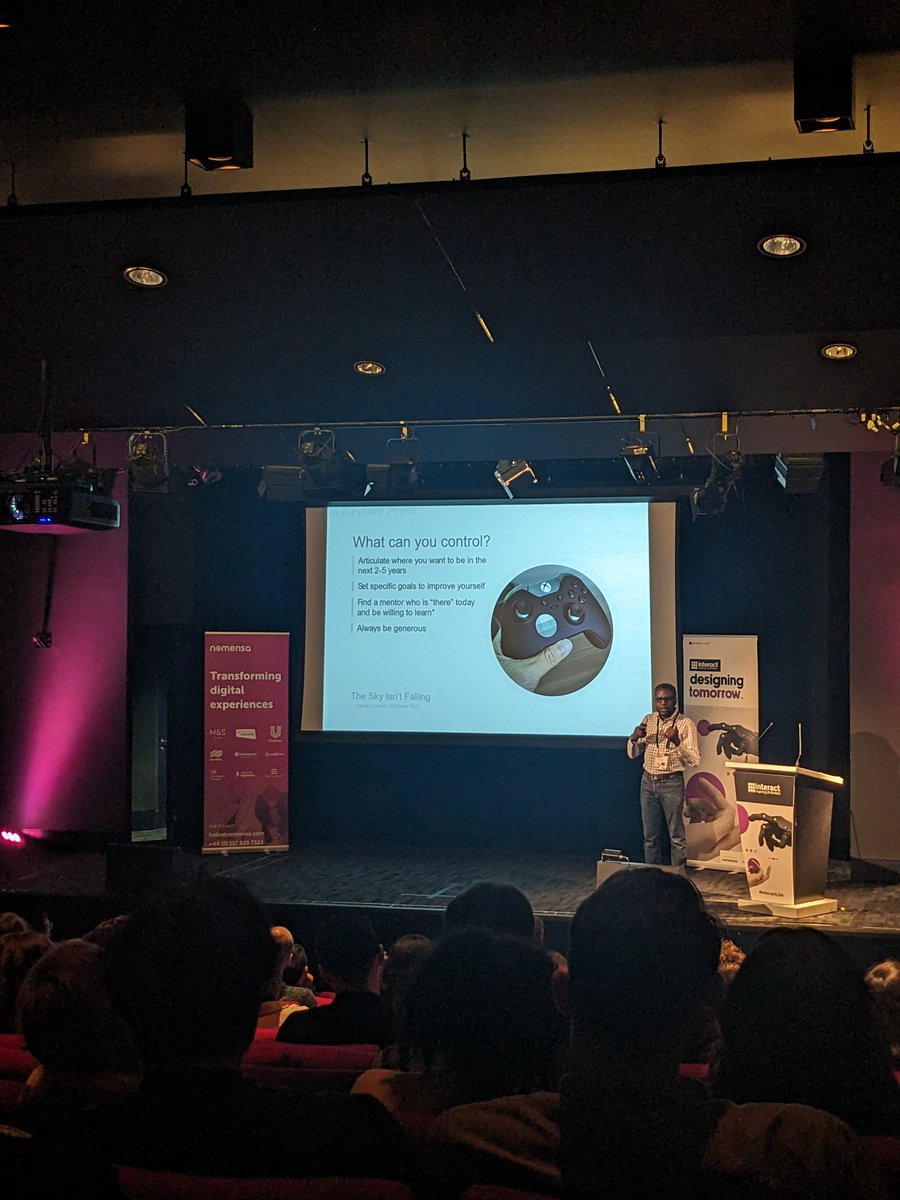 What can you control?

💡 Articulate where you want to be in the next 2–5 years
💡 Set specific goals to improve yourself
💡Find a mentor who is 'there' today and be willing to learn
💡 Always be generous 

<a href="/we_are_Nomensa/">Nomensa</a> #InteractLDN #UXDesign #UX #UserExperience