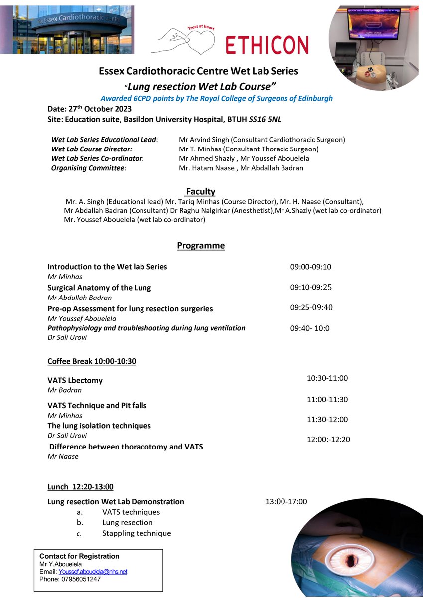 SCTSUK's tweet photo. Lung resection Wet Lab Course
Date/Time: 27 Oct 2023 9:00AM – 5:00PM
Location: Education suite, Basildon & Thurrock University Hospitals NHS Foundation Trust, BTUH SS16 5NL
#WetLab #Lungresection
Ethicon, Inc. The Essex Cardiothoracic Centre
https://t.co/zRg6xpS4Zj https://t.co/JCfb6u5omN