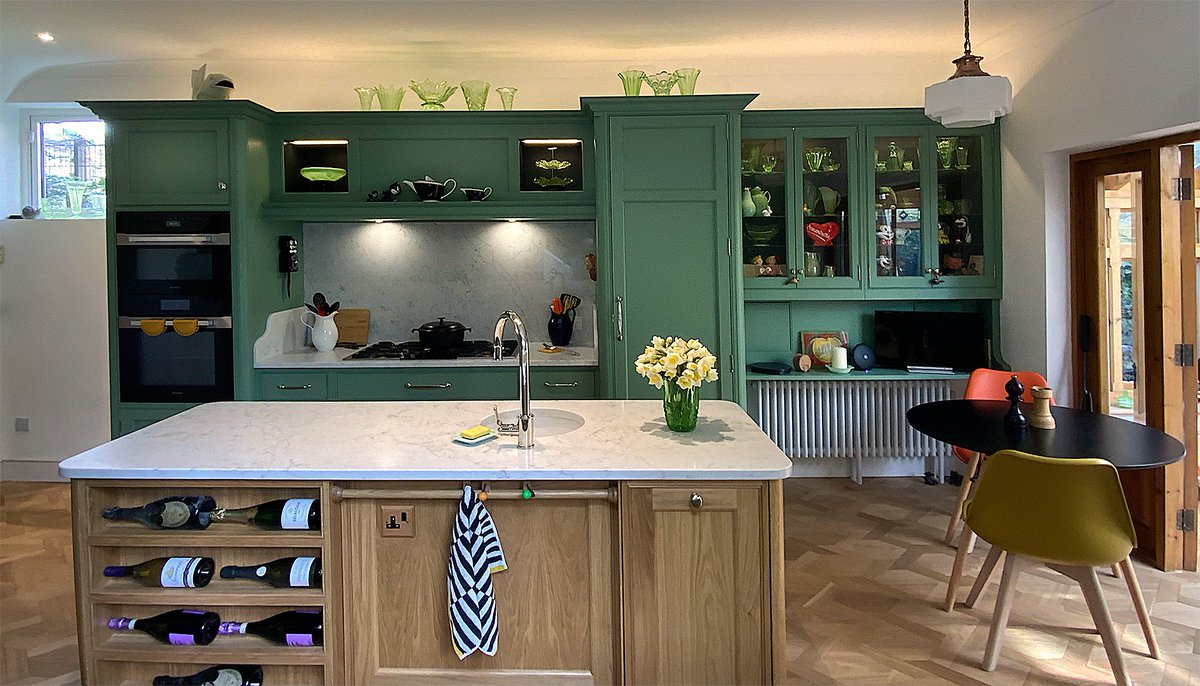 johnladbury.co.uk A central island is an integral part of a new kitchen, ideal for a #prepsink, a #woodenchoppingboard #winecabinet #inductionhob and seating area. #johnladbury #hertskitchen #designerkitchen #bespokekitchen #newkitchen #londonkitchen  #centralisland