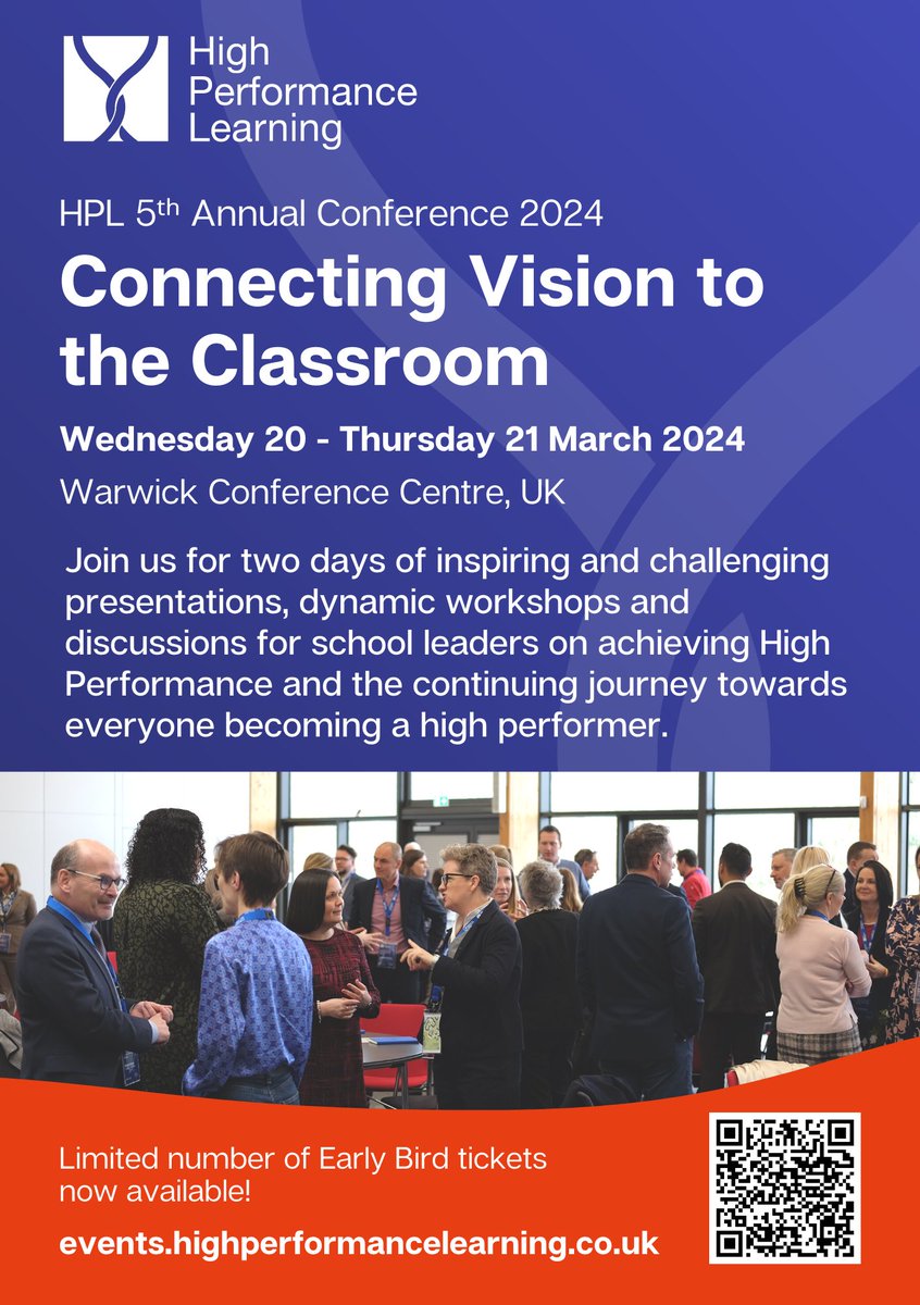 🐤 Early Bird tickets available now! 

We’re delighted to bring the #HPL family together again for our 5th #HPLConference on 20-21 March 2024 

A limited number of Early Bird tickets are available – click below to register: events.highperformancelearning.co.uk/annual-confere…