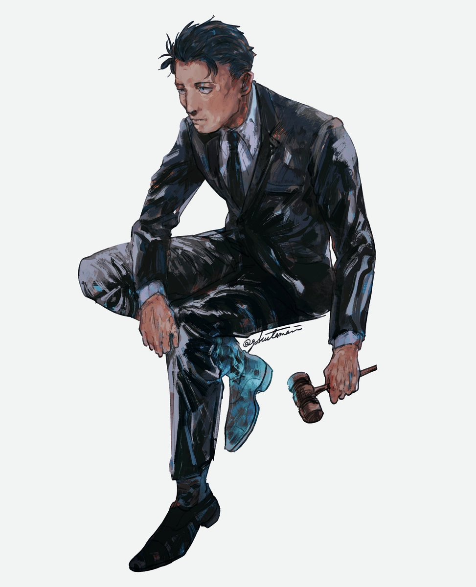 1boy male focus solo black hair formal sitting suit  illustration images