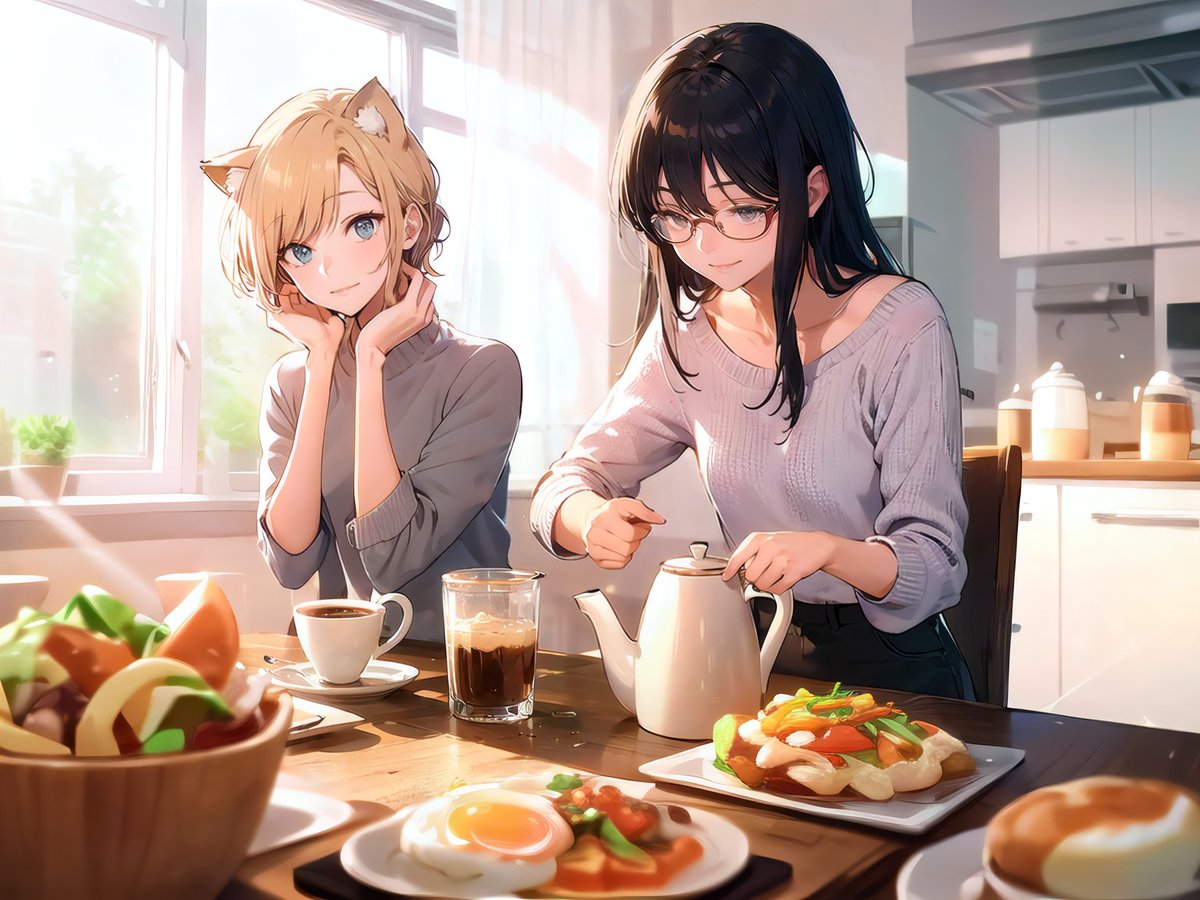 早餐時間

#飼い主と猫 
#創作百合 
#AIイラスト