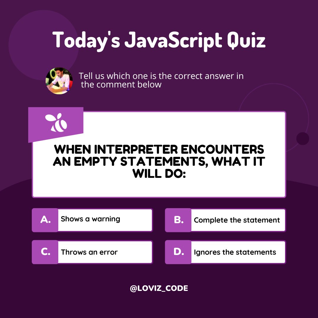 lovizcode's tweet image. 🧠 Test your JavaScript skills with this fun and interactive quiz! 🚀 How well do you know JavaScript? 💡 Challenge yourself and brush up on your coding knowledge. Let's break some code! 💻🔍 #JavaScriptQuiz #CodingChallenge #LearnJavaScript #CodeFun