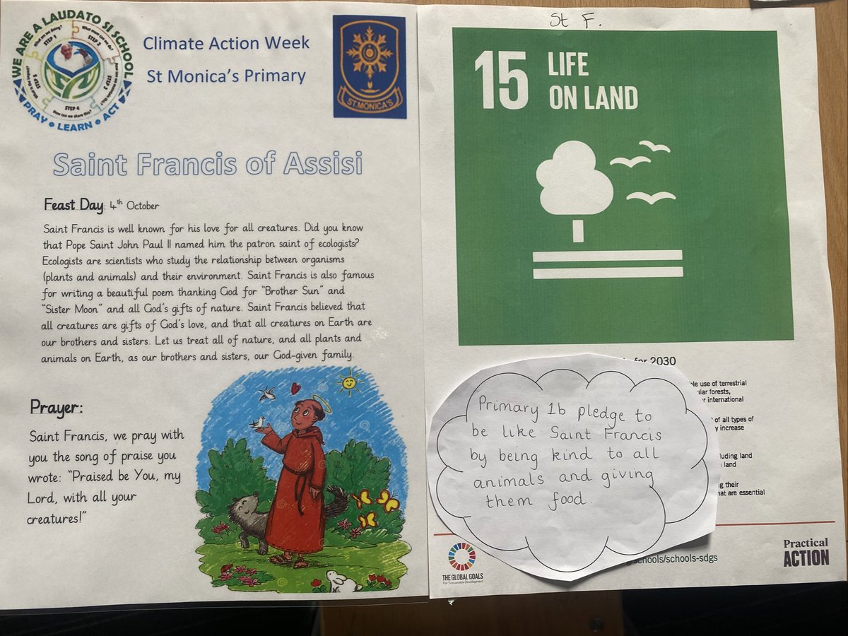 As part of #ClimateActionWeek each class explored a Saint and created a pledge to promise to care for our God given Earth.  🌎 🙏Today we shared these at assembly. @LfSScotland @rercag @stewardslourdes