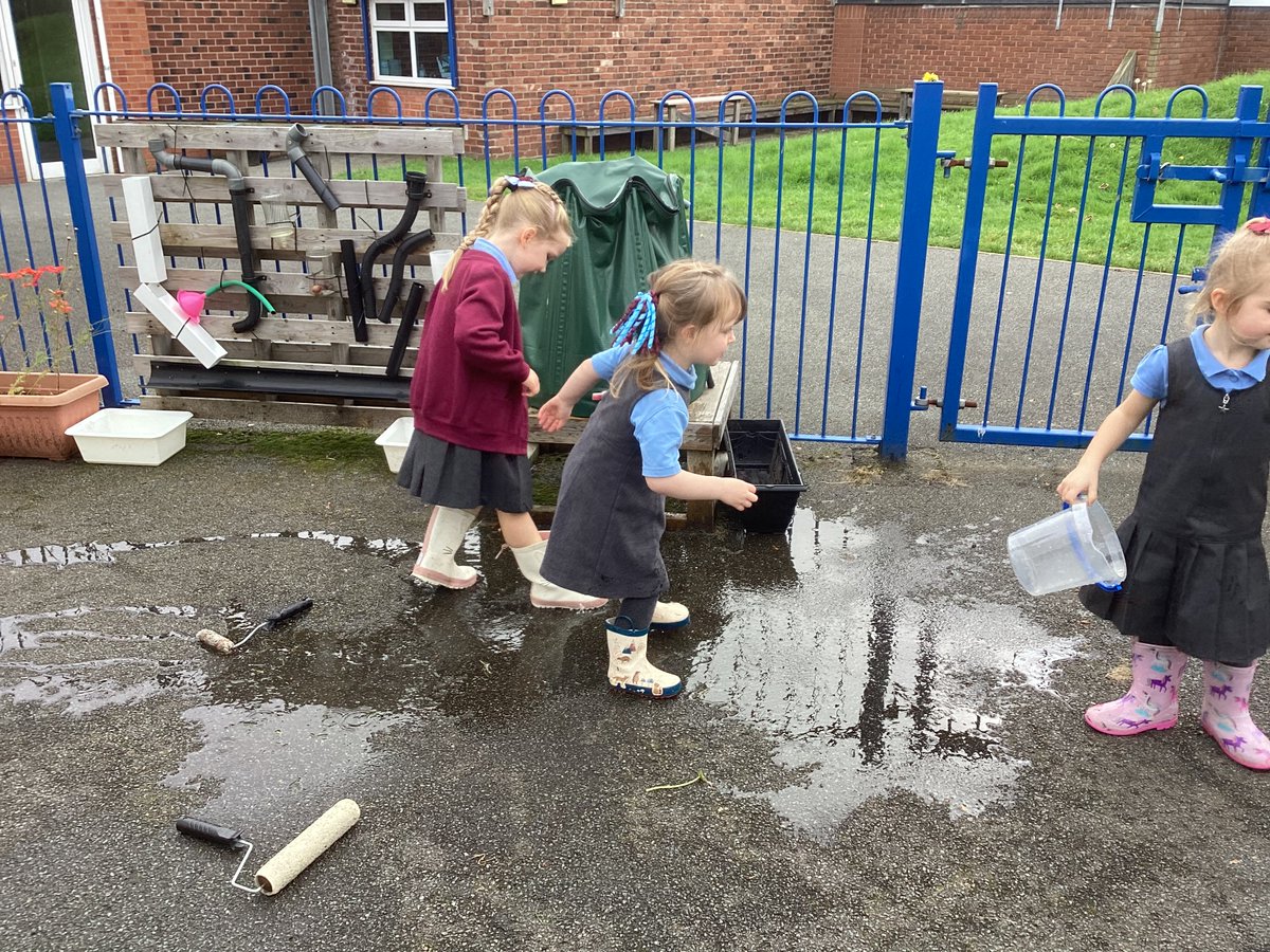 StBellarmine's tweet image. Reception had lots of fun splashing in the puddles they made. They enjoyed the sound of the water hitting the ground and then they loved the sound as they splashed and splished in the puddles. Mrs Liggat had lots of splashing fun too! #eyfs #uw #puddlefun