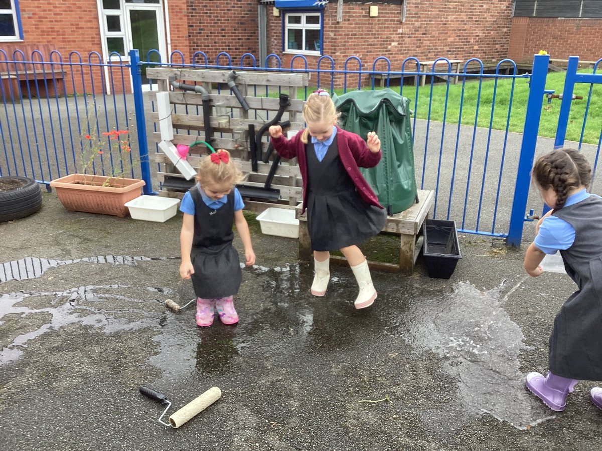 StBellarmine's tweet image. Reception had lots of fun splashing in the puddles they made. They enjoyed the sound of the water hitting the ground and then they loved the sound as they splashed and splished in the puddles. Mrs Liggat had lots of splashing fun too! #eyfs #uw #puddlefun