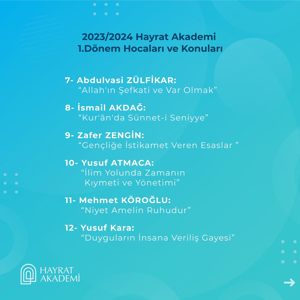 HayratAkademi's tweet photo. (2023-2024)
1. Dönem Derslerimiz başlıyor!

Her #Salı 20:30 - 22:00 saatleri arasında #HayratAkademi YouTube kanalımızda #CanlıYayın'da görüşmek üzere.

@hayratvakfi https://t.co/gxrpoCPHzY