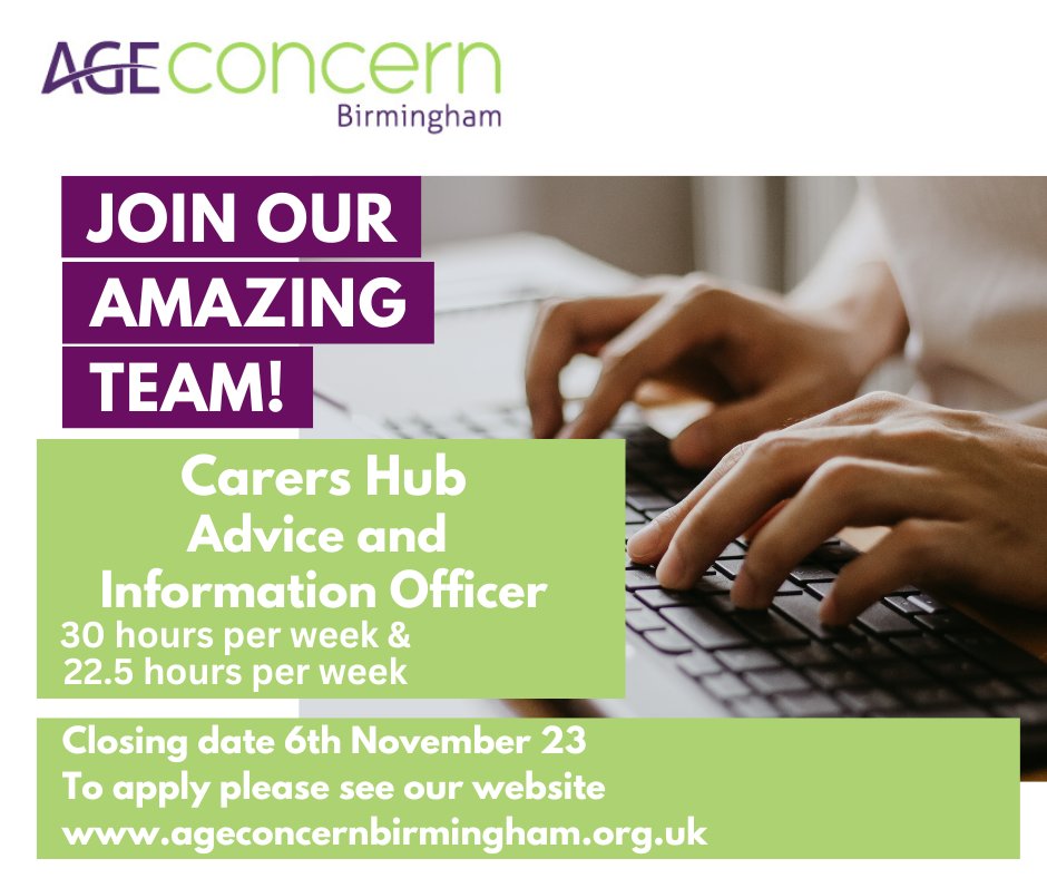 ACB are currently recruiting! We are welcoming applications for two Advice and Information Officer roles. The roles will support our service providing specialist information, support and advice to carers, joining the Carers Hub team based at ACB. ageconcernbirmingham.org.uk/about-us/...