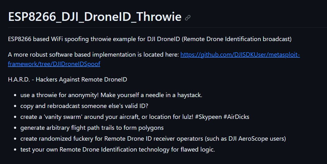 giammaiot2's tweet image. ESP8266_DJI_DroneID_Throwie#esp8266_dji_droneid_throwie by DJISDKUser
github.com/DJISDKUser/ESP…
ESP8266 based droneID spoofing Throwie example for DJI DroneID (Remote Drone Identification broadcast)
#SoftwareDefinedRadio #SDR
#ESP8266