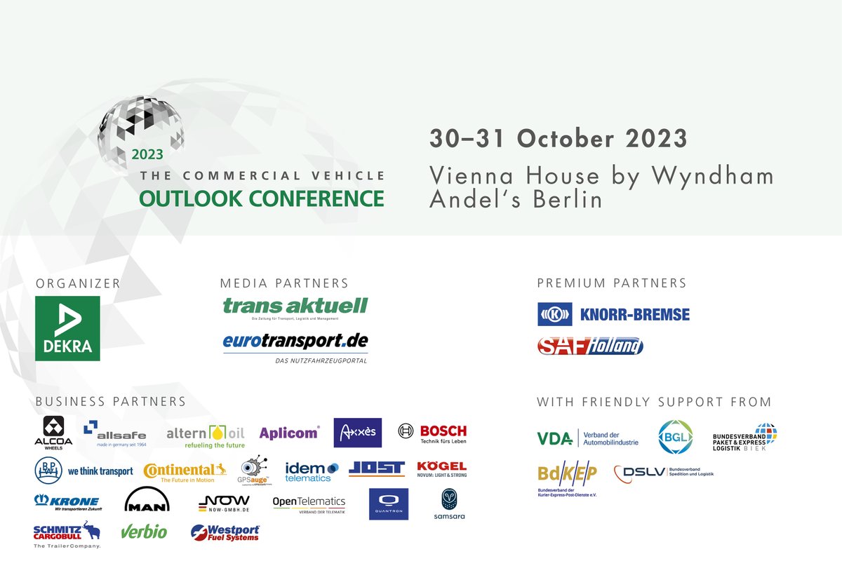 We're gearing up for the DEKRA Commercial Vehicle Outlook Conference in Berlin!
 
Looking forward to exchanging ideas and insights about the transport and logistics industry zuko-nfz.de/en/ 
 
 Join us in shaping the future of transport! 🚚💡🌍
 
 #Zuko2023