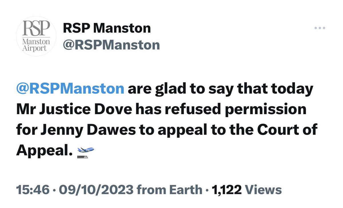 eastkentcarma's tweet photo. This post from @RSPManston is incorrect. Mr Justice Dove in fact denied the request to appeal the dismissal of the Judicial Review but Jenny Dawes had 21 days to file an application for permission to appeal to the Court of Appeal. Ms. Dawes will be filing that application. https://t.co/R36z1ANwlZ