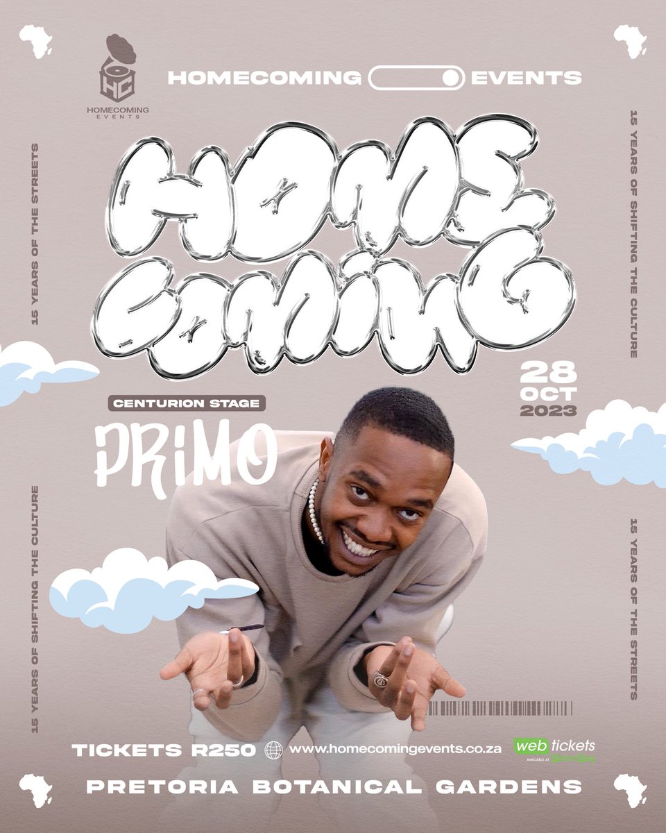 HomeComingEvent's tweet photo. The Brown2Man live experience is coming #HomecomingAfrica as @primo9teen will be your host of the Centurion Stage 😂🔥

Tickets are moving, so get yours now from https://t.co/MMjH9rVTOc (link in bio) or any Pick ‘n Pay before it’s too late 💫 https://t.co/RPb34PVGpe