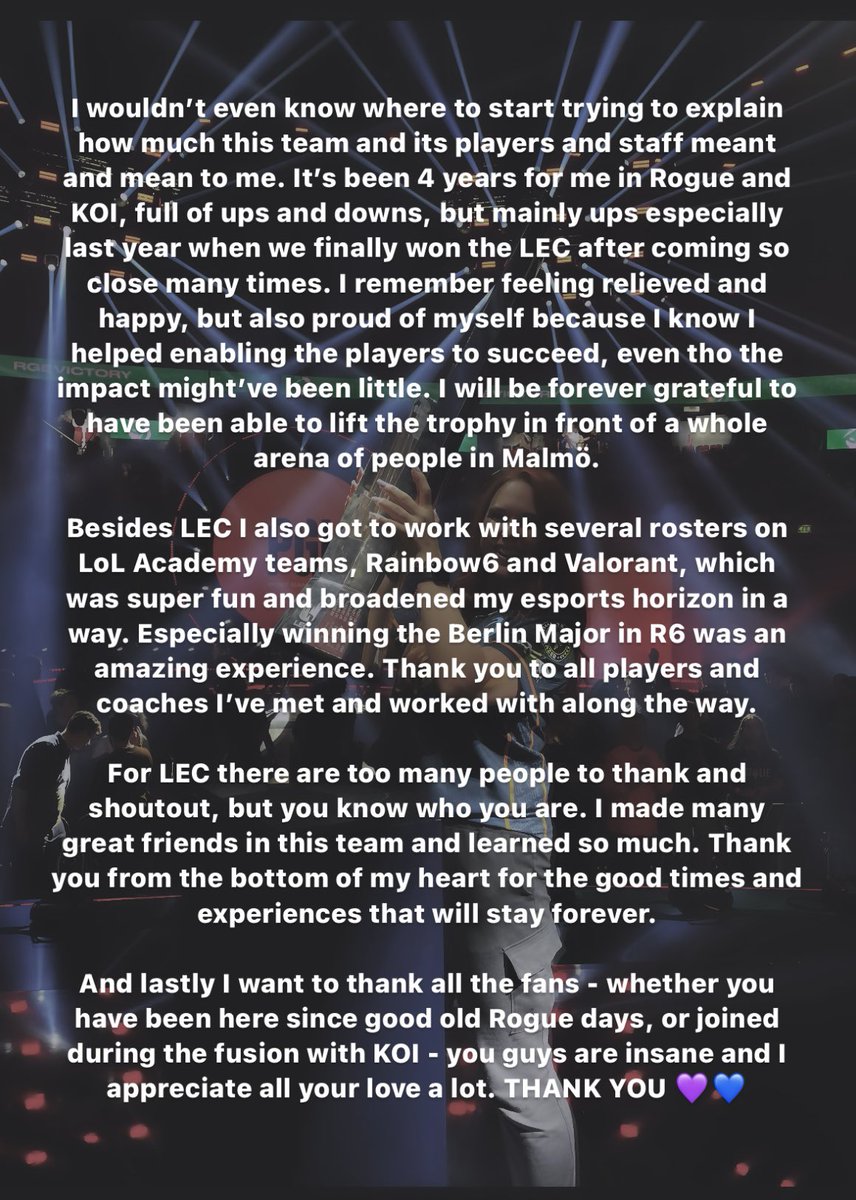hehnal_'s tweet photo. Goodbye KOI / Rogue family 💜💙

Hey guys, I want to share with you that I have decided to part ways with KOI and will be leaving the team at the end of Iberian Cup.

As for the future, I don’t know yet what it brings and where I’ll end up, so I will be LFT for now 🙏 https://t.co/rEWCyLWY5k