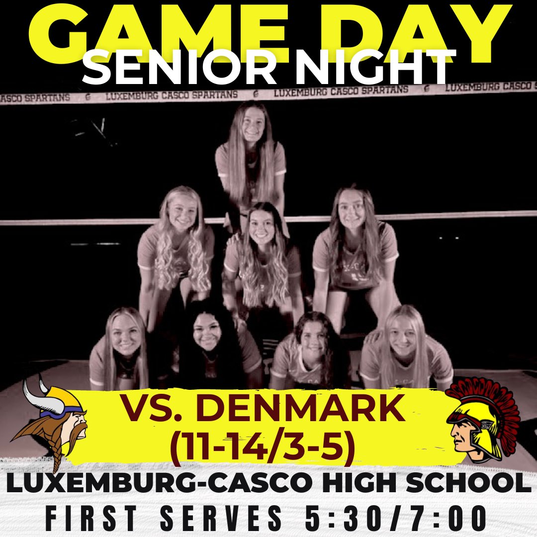 Frey777Jeff's tweet photo. GAME DAY!! It’s Senior Night as Denmark comes to town.  Come out and help us honor our 7 seniors who have given and meant so much to Spartan volleyball. #WeAreSpartans #IAmBecauseWeAre
📍Luxemburg-Casco High School
⏰5:30/7:00
📺 https://t.co/dJyhNeKJrF https://t.co/lUHv2EsHQc