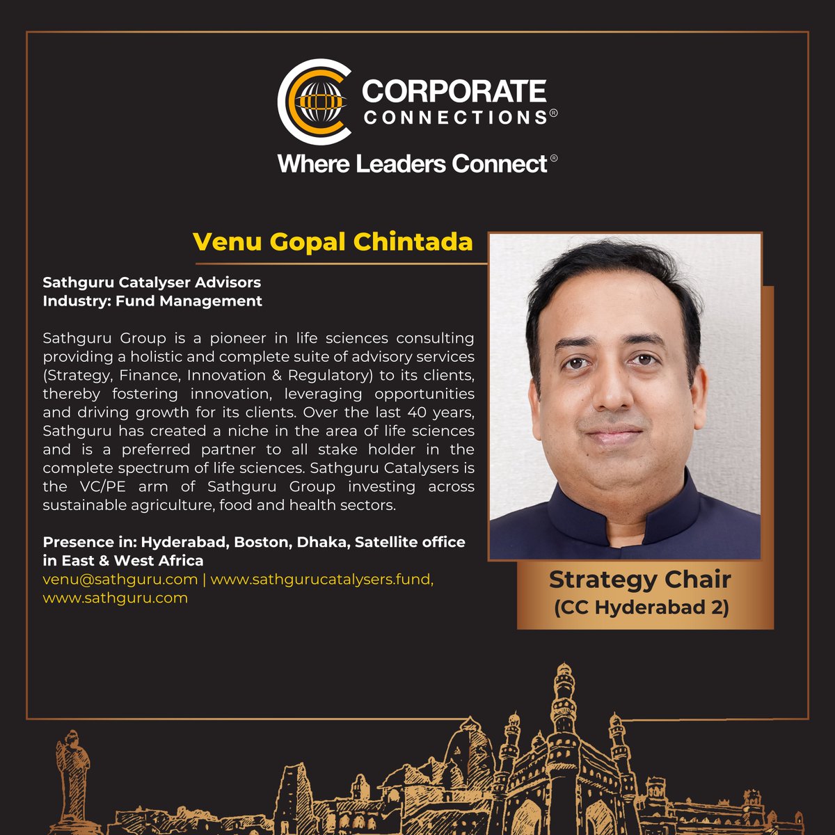 CCAPandTS's tweet photo. Meet the incredibly versatile and accomplished Mr. Venu Gopal Chintada –Director of Sathguru Catalyser and Strategy Chair of CC Hyderabad 2. 
#PEVCInvestor #LifeSciences #SathguruCatalysers #SathguruConsultants #CCHyderabad2 #corporateconnections #Hyderabad https://t.co/QRYp6t91cY