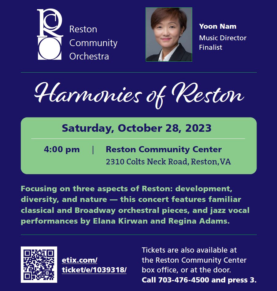 RestonOrchestra's tweet photo. Join us on 10/28 for our fall concert, conducted by Music Director Finalist Yoon Nam, featuring
Schubert: Symphony - No. 8 (the Unfinished)
Bizet: “Carmen” Suite No. 1
Bernstein: “West Side Story”
Grieg: “Peer Gynt” Suite No. 1, Op. 46
Tickets on sale now: https://t.co/nVLgyitluo https://t.co/IM95NOMHlP