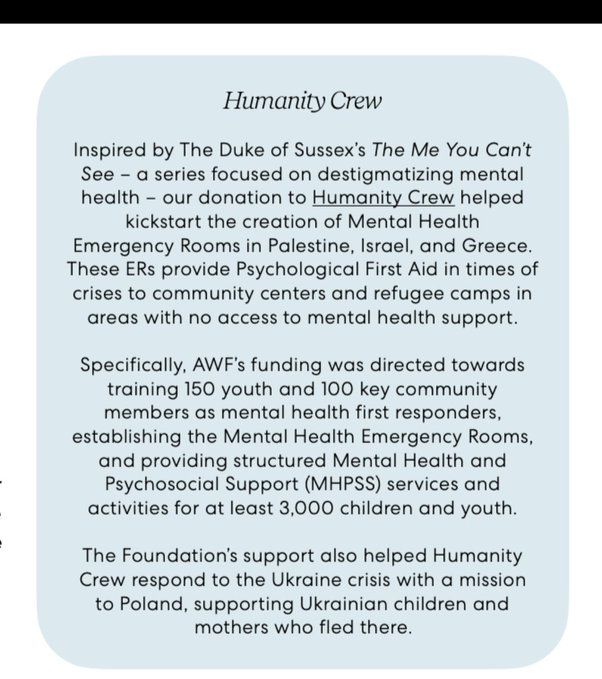 DBrown99944's tweet photo. We applaud Harry and Meghan's #ArchewellFoundation and partners like @WCKitchen & #HumanityCrew on their efforts to help ALL victims of the Israel-Hamas war.
World Central Kitchen is currently positioning teams to provide meals to both Israeli & Palestinian victims.
#Sussexes https://t.co/DJ0vndOHb8