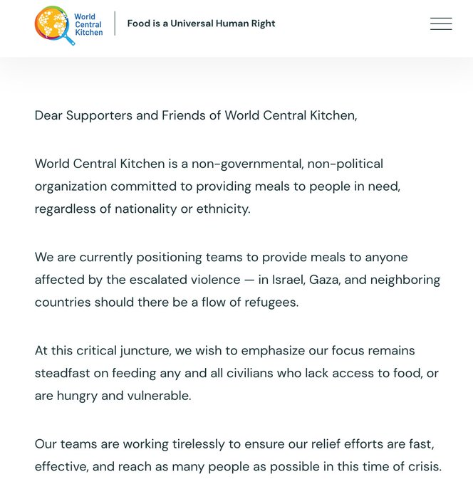 DBrown99944's tweet photo. We applaud Harry and Meghan's #ArchewellFoundation and partners like @WCKitchen & #HumanityCrew on their efforts to help ALL victims of the Israel-Hamas war.
World Central Kitchen is currently positioning teams to provide meals to both Israeli & Palestinian victims.
#Sussexes https://t.co/DJ0vndOHb8