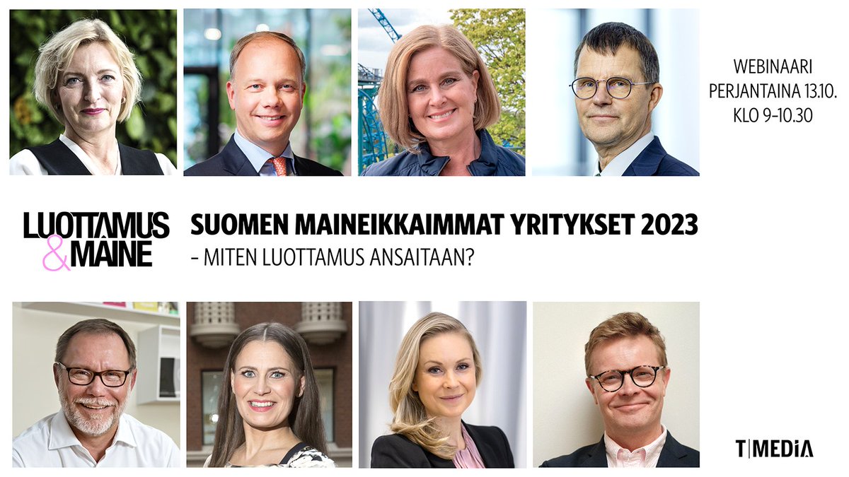 Mikä yritys on Suomen maineikkain vuosimallia 2023? Miten sidosryhmien luottamus ansaitaan? 
Vuoden suurimmassa tapahtumassamme puhumassa maineen johtamisen piinkovia asiantuntijoita. Hyppää linjoille huomenna pe 13.10. klo 9-10.30👉 t-media.fi/luottamus-main…
#luottamusmaine